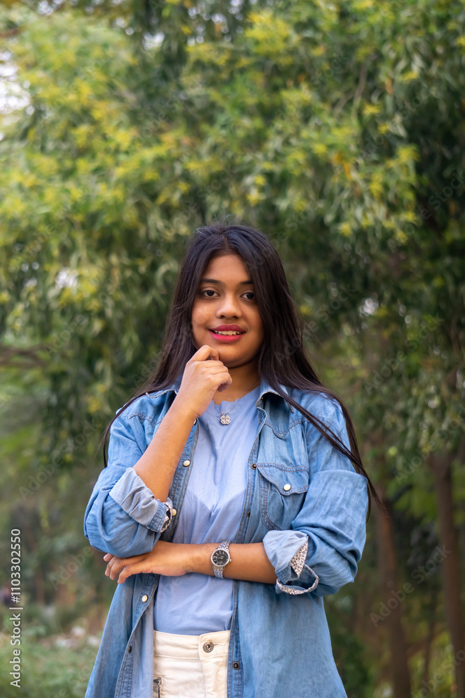 Portrait of serious beautiful female, looks smiling at camera, stands against natural background stock photo Portrait of serious beautiful female, looks smiling at camera, stands against natural background stock photo