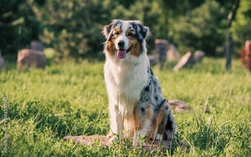 purebred australian shepherd dog for a walk in the park purebred australian shepherd dog for a walk in the park