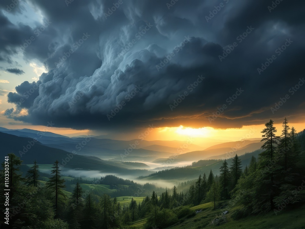Fototapeta premium Murg Valley's black forest, stormy sunset ablaze.