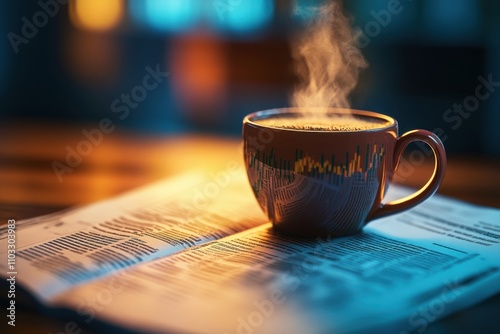 A cup of coffee is sitting on top of a newspaper