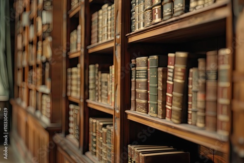 A closeup view of antique books neatly arranged on wooden shelves in a classic library setting.