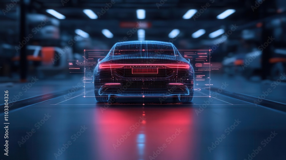 Fototapeta premium Futuristic car design with digital overlay
