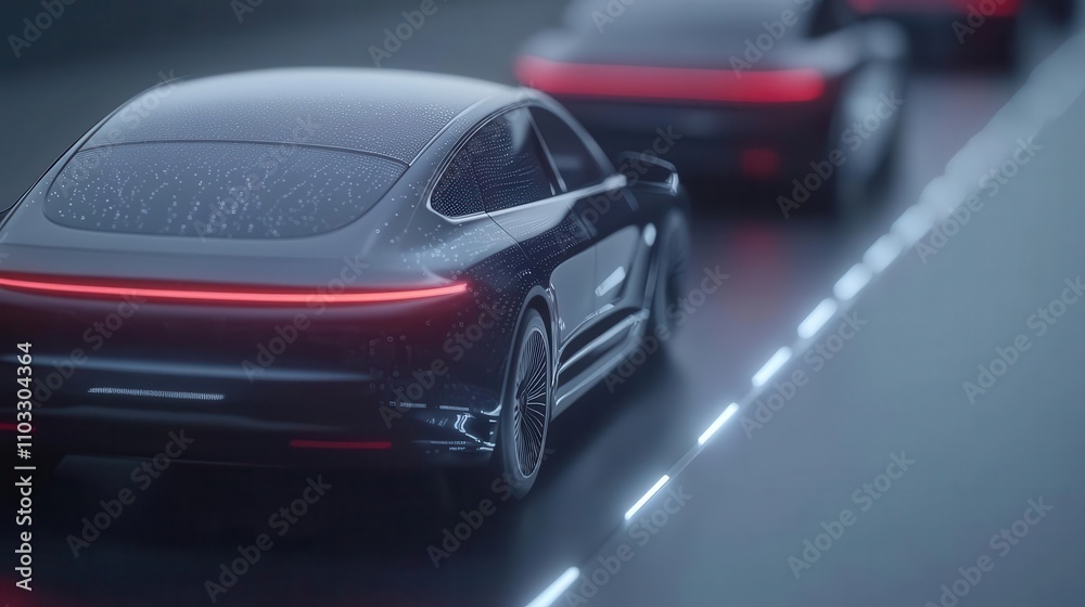 Futuristic electric cars driving on a highway with glowing lanes Futuristic electric cars driving on a highway with glowing lanes