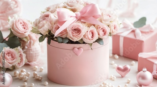 A pink box filled with beautiful roses and lovely gifts inside