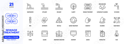 Sewage Treatment Line Icon Set, Effluent, Floc, Biochemical, Aerate, Digestion, Editable Stroke.
