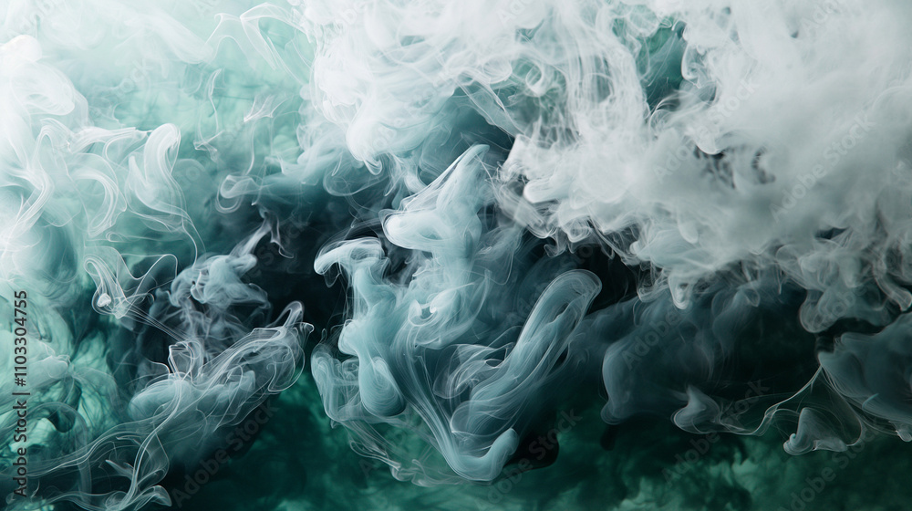 Ethereal smoke swirls create a mystical atmosphere in bright green and white hues Ethereal smoke swirls create a mystical atmosphere in bright green and white hues
