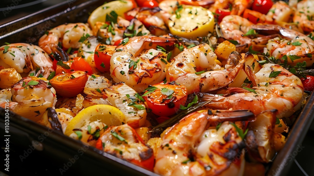 Seafood cooked in the oven with a mixture of veggies served as a pescatarian dis Seafood cooked in the oven with a mixture of veggies served as a pescatarian dis