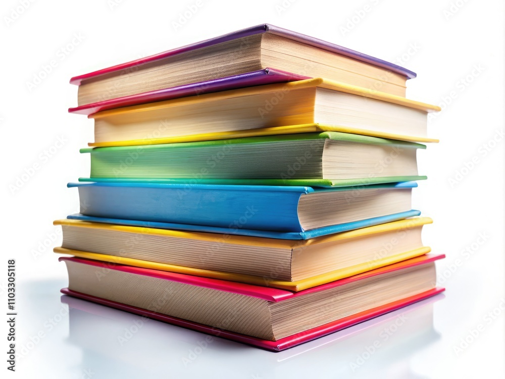 Long Exposure Photography Stack of Hardcover Books Isolated White Background Studio Shot