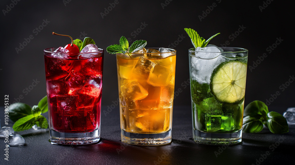 Three colorful cocktails with fresh fruit and herbs displayed on a dark background Three colorful cocktails with fresh fruit and herbs displayed on a dark background
