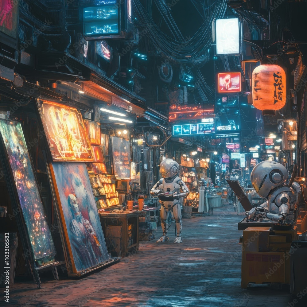Obraz premium Futuristic Night Market Scene with Robot Vendor