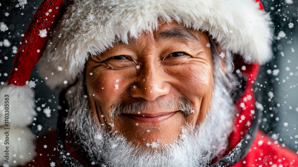 Portrait of Asian Santa Claus with Expressive Eyes and Hearty Smile in Fur-Lined Red Hat with Snowflakes Falling for Holiday Marketing Portrait of Asian Santa Claus with Expressive Eyes and Hearty Smile in Fur-Lined Red Hat with Snowflakes Falling for Holiday Marketing