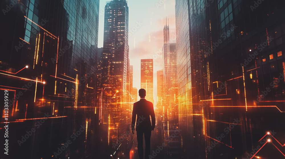 Abstract business man stands on the peak of success amid tall, innovative Smart city and graphs with statistics to analyze business potential and predict future developments in company growth. Abstract business man stands on the peak of success amid tall, innovative Smart city and graphs with statistics to analyze business potential and predict future developments in company growth.