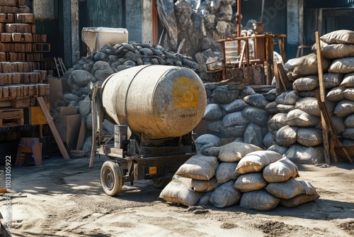 A cement mixer is parked in front of a pile of rocks