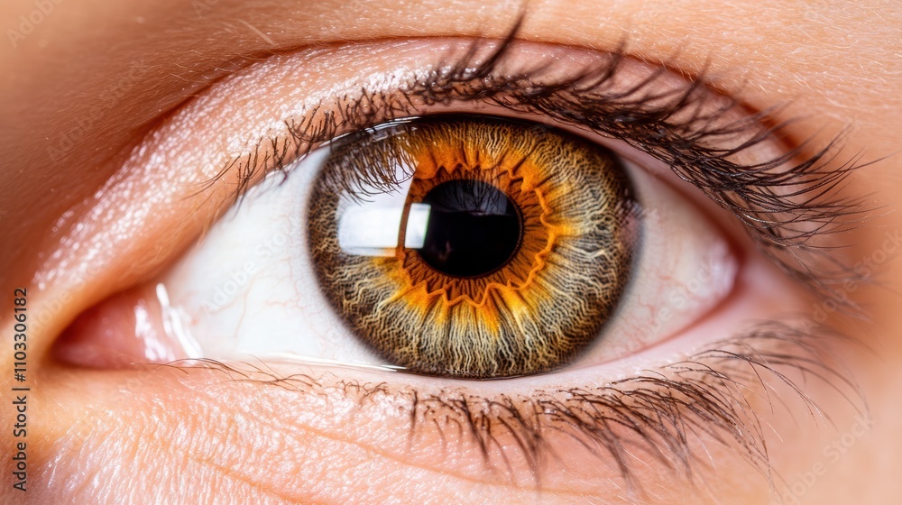 Fototapeta premium A close-up of a vibrant eye, showcasing intricate details in the iris and eyelashes, Ideal for medical, beauty, and artistic purposes, highlighting concepts of vision, perception, and beauty,