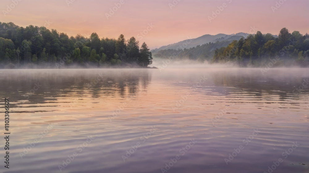 A tranquil river scene at sunrise. Misty fog blankets the water, partially obscuring the lush green forest along the banks. Soft pastel colors paint the sky and water. A tranquil river scene at sunrise. Misty fog blankets the water, partially obscuring the lush green forest along the banks. Soft pastel colors paint the sky and water.