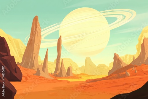 Fantasy Alien Landscape with Orange Desert and Saturn-like Planet