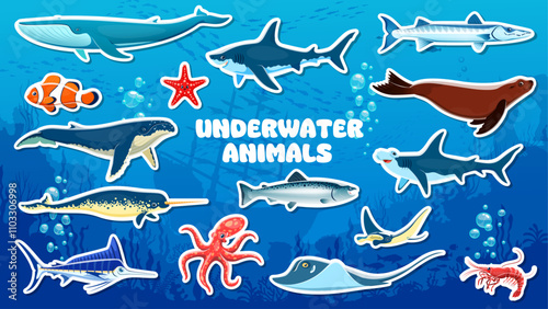 Cartoon underwater animal and fish stickers, vector sea and ocean life. Blue and sperm whale, octopus, shark and starfish, stingray, seal and narwhal, salmon, marlin, pike and prawn underwater animals