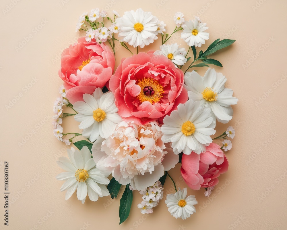 A Beautiful Arrangement of Colorful Flowers Including Peonies, Daisies, and Delicate Baby's Breath on a Soft Pastel Background Ideal for Spring and Floral Themes