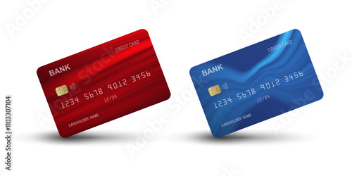 Blue and red realistic detailed 3d style different credit debit cards mockups