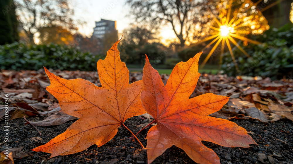 Autumn leaves in vibrant orange hues on ground, illuminated by sunset. warm glow enhances beauty of nature, creating serene and peaceful atmosphere Autumn leaves in vibrant orange hues on ground, illuminated by sunset. warm glow enhances beauty of nature, creating serene and peaceful atmosphere