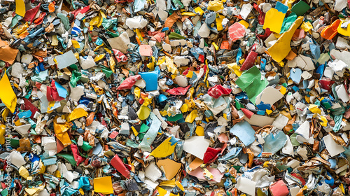 A close-up shot of a pile of colorful, fragmented plastic pieces. The vibrant hues and varied shapes create a dynamic texture, suggesting recycled or industrial material.