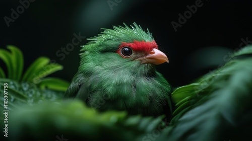 A vibrant green bird with striking red accents peeks through lush foliage, showcasing its intricate feather patterns and eye-catching colors, Ideal for wildlife and nature projects,