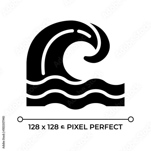 Wave black glyph icon. Symbolizing ocean tides, currents. Coastal and marine environments. Tsunami. Natural disaster. Silhouette symbol on white space. Solid pictogram. Vector isolated illustration