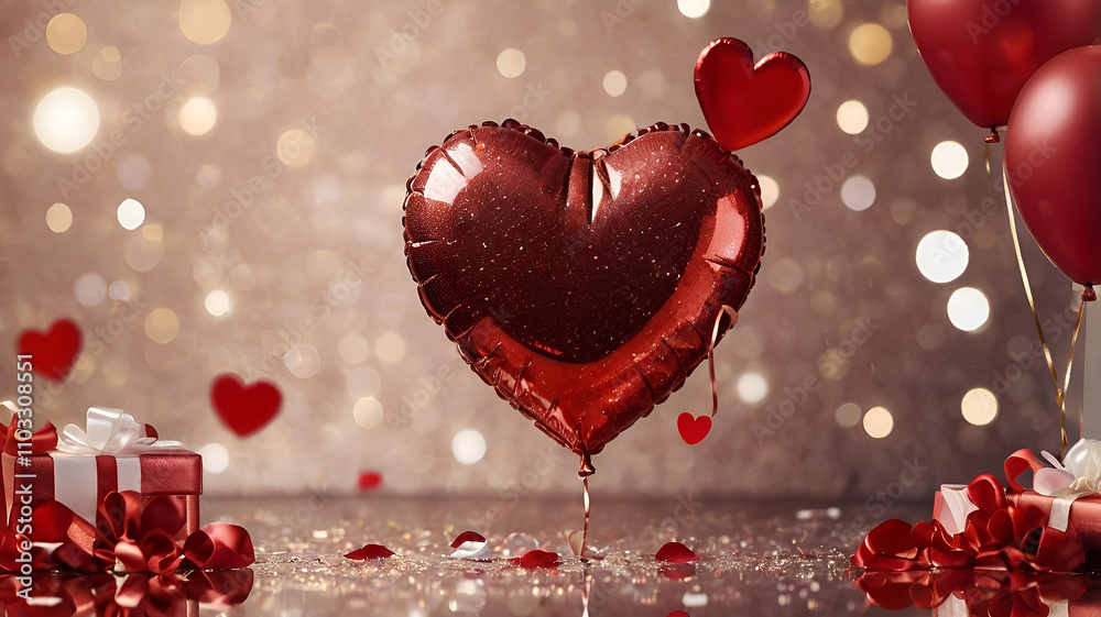 A banner with a gift box and red and gold foil hearts on a golden background. Happy Valentine's Day. The 14th of February. A banner with a gift box and red and gold foil hearts on a golden background. Happy Valentine's Day. The 14th of February.