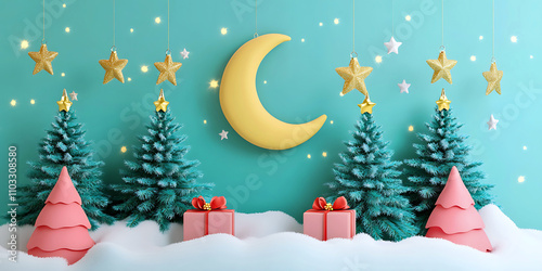 Christmas card with trees, gift boxes and moon.