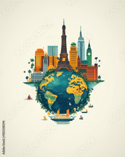 Colorful image for tourism with types of transport.