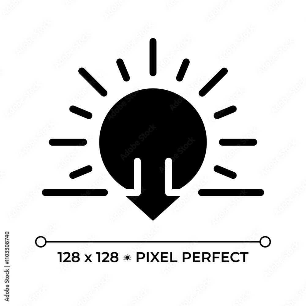 Sunset black glyph icon. Sun and downward arrow symbol. Evening time. Dusk. Transition from day to night. Silhouette symbol on white space. Solid pictogram. Vector isolated illustration Sunset black glyph icon. Sun and downward arrow symbol. Evening time. Dusk. Transition from day to night. Silhouette symbol on white space. Solid pictogram. Vector isolated illustration