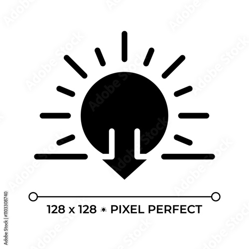 Sunset black glyph icon. Sun and downward arrow symbol. Evening time. Dusk. Transition from day to night. Silhouette symbol on white space. Solid pictogram. Vector isolated illustration