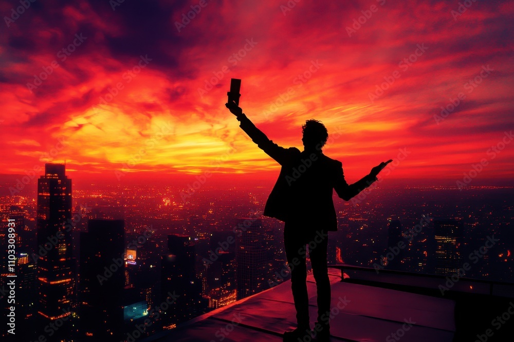 Fototapeta premium The sky is orange and the city is lit up with lights