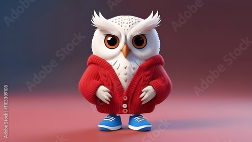 An adorable white cartoon owl head in a red cardigan and blue trainers.
 photo