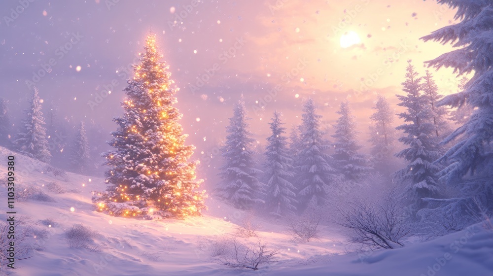 Serene winter landscape with a glowing Christmas tree. Serene winter landscape with a glowing Christmas tree.