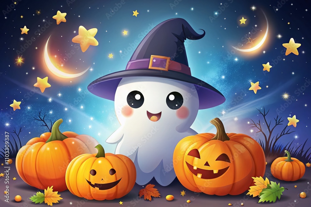 Adorable Halloween Illustration Featuring a Cute Smiling Ghost in a Witch Hat Surrounded by Pumpkins, Bats, and Stars with Ample Copy Space for Text Adorable Halloween Illustration Featuring a Cute Smiling Ghost in a Witch Hat Surrounded by Pumpkins, Bats, and Stars with Ample Copy Space for Text