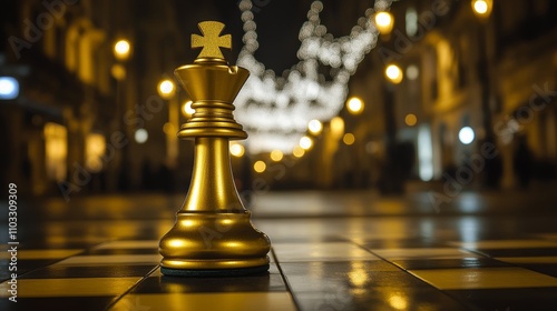A lone golden chess pawn sits on a checkered board of black and white, illuminated softly with a blurring bokeh effect in the background.