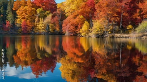 Autumnal Lake Reflection Vibrant Fall Foliage, Colorful Trees