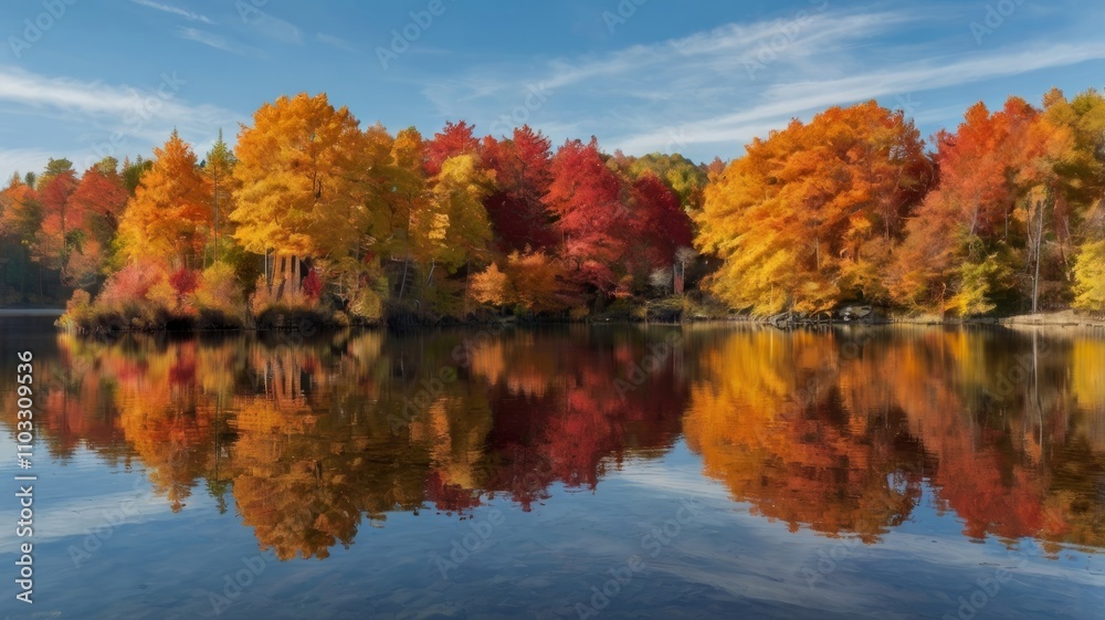 A serene lake reflects a stunning autumnal scene. Brilliant orange, red, and yellow trees line the shore A serene lake reflects a stunning autumnal scene. Brilliant orange, red, and yellow trees line the shore