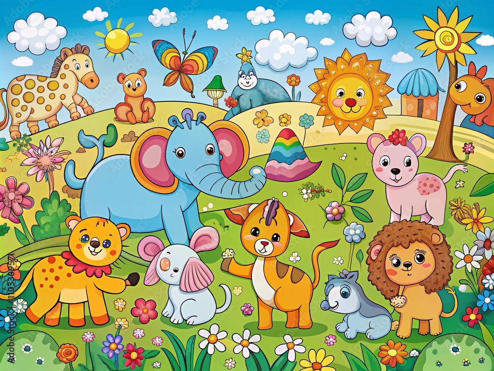Naklejka premium Adorable Hand-Drawn Cartoon Animals Collection for Kids in a Panoramic View Featuring Unique Characters and Playful Designs, Ideal for Children's Art and Educational Materials