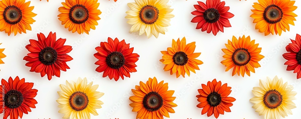 Sunflower Colorful flowers arranged in a vibrant pattern on a white background.