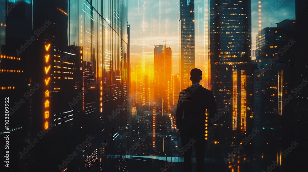 Abstract business man stands on the peak of success amid tall, innovative Smart city and graphs with statistics to analyze business potential and predict future developments in company growth.

