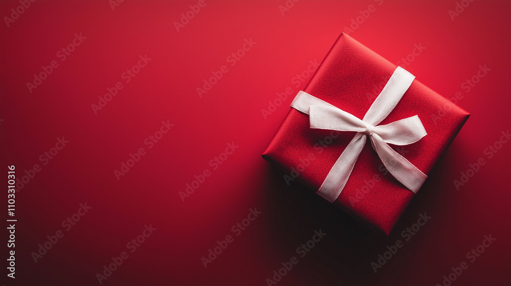 Photo of a red gift box with a white ribbon on the right side, placed against a vibrant red background. Top view.