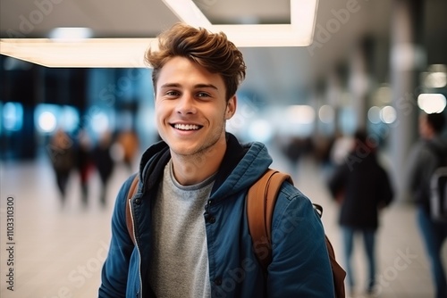 Portrait of a handsome young man smiling at the camera in the corridor of a shopping center