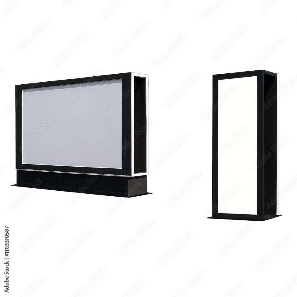 Two blank digital signage displays, horizontal and vertical, isolated on transparent background Two blank digital signage displays, horizontal and vertical, isolated on transparent background
