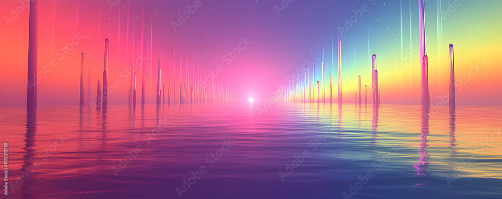Vibrant Sunset over a Calm Sea with Colorful Pillars, Abstract Digital Art