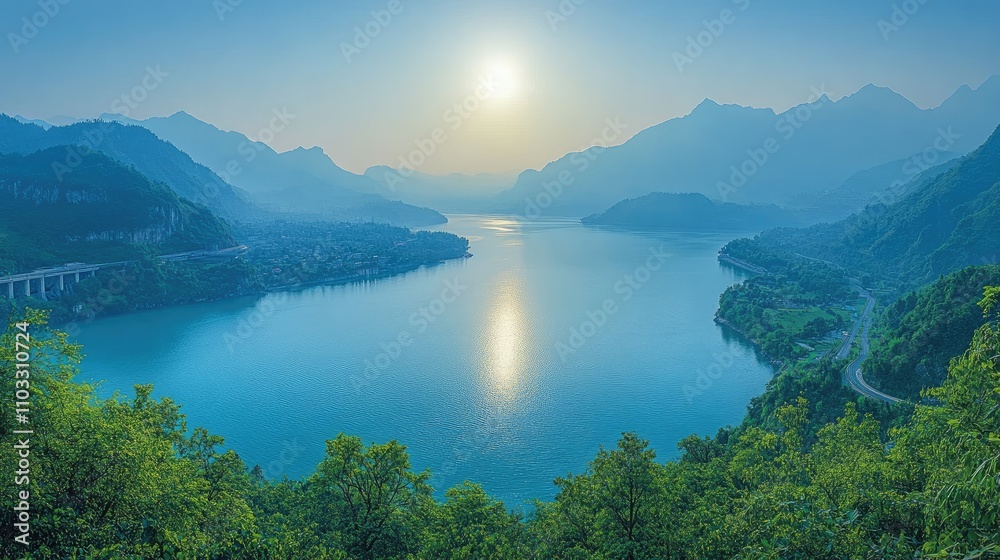 Obraz premium Serene landscape with a calm lake, mountains, and a rising sun in a tranquil setting.