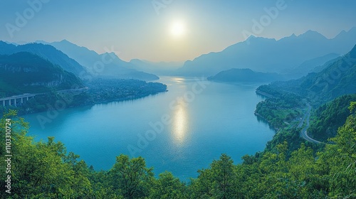 Serene landscape with a calm lake, mountains, and a rising sun in a tranquil setting.