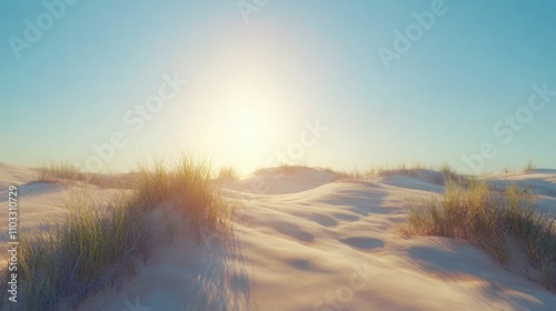 sand dunes under bright sunlight, clear blue sky, dry and arid atmosphere, empty and peaceful, soft rolling dunes, natural beauty, isolated landscape, desert calm