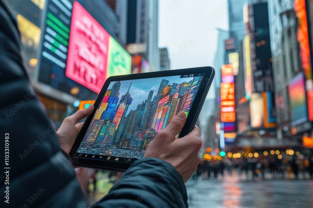A person is holding a tablet in front of a city skyline A person is holding a tablet in front of a city skyline